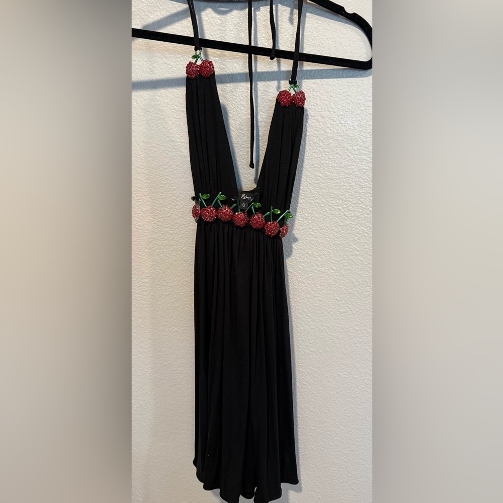 Sky Black Dress with Red and Green Cherry Details